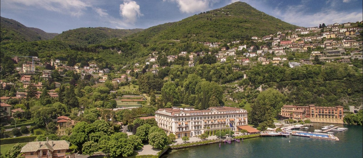 Aerial view of Villa D'Este on Lake Como Italy