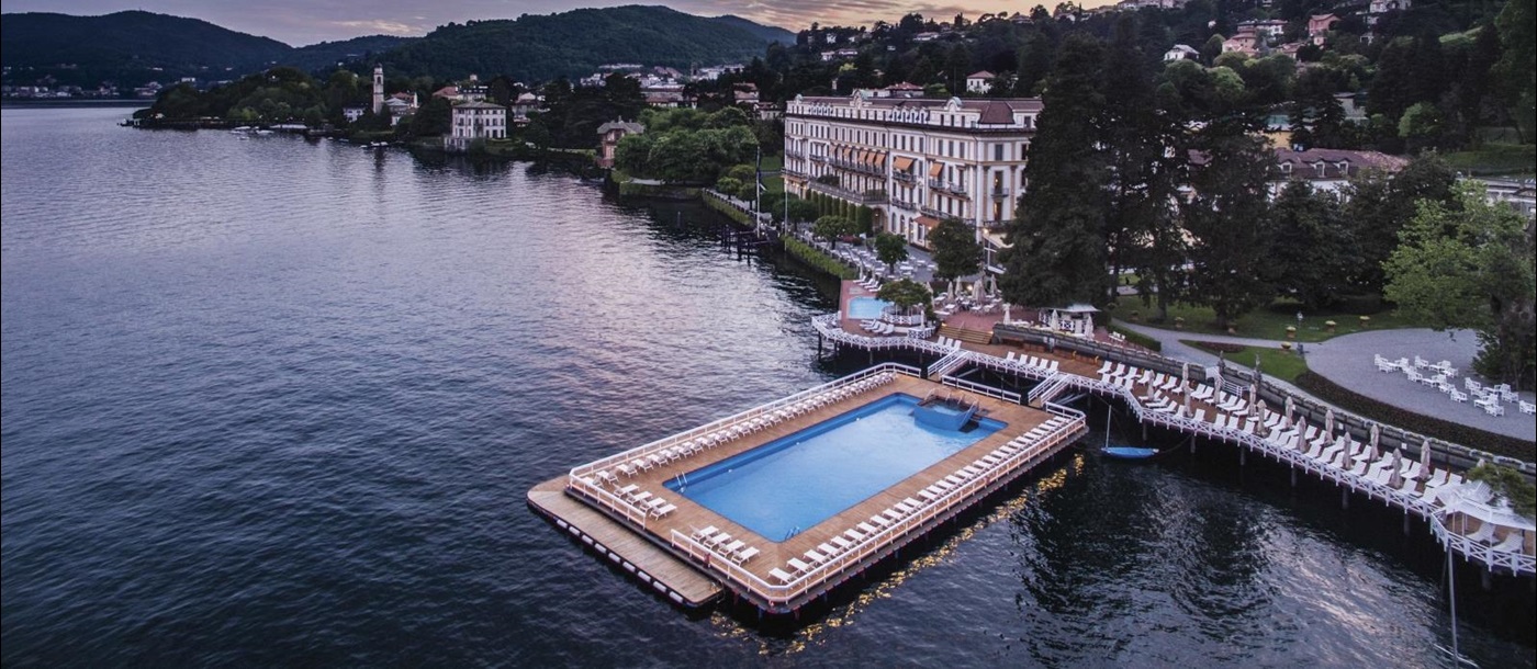 Aerial view of the floating pool at sundown at Villa D'Este on Lake Como Italy