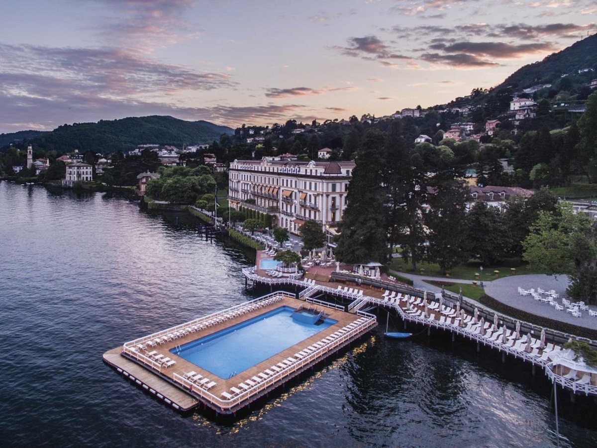 Aerial view of the floating pool at sundown at Villa D'Este on Lake Como Italy