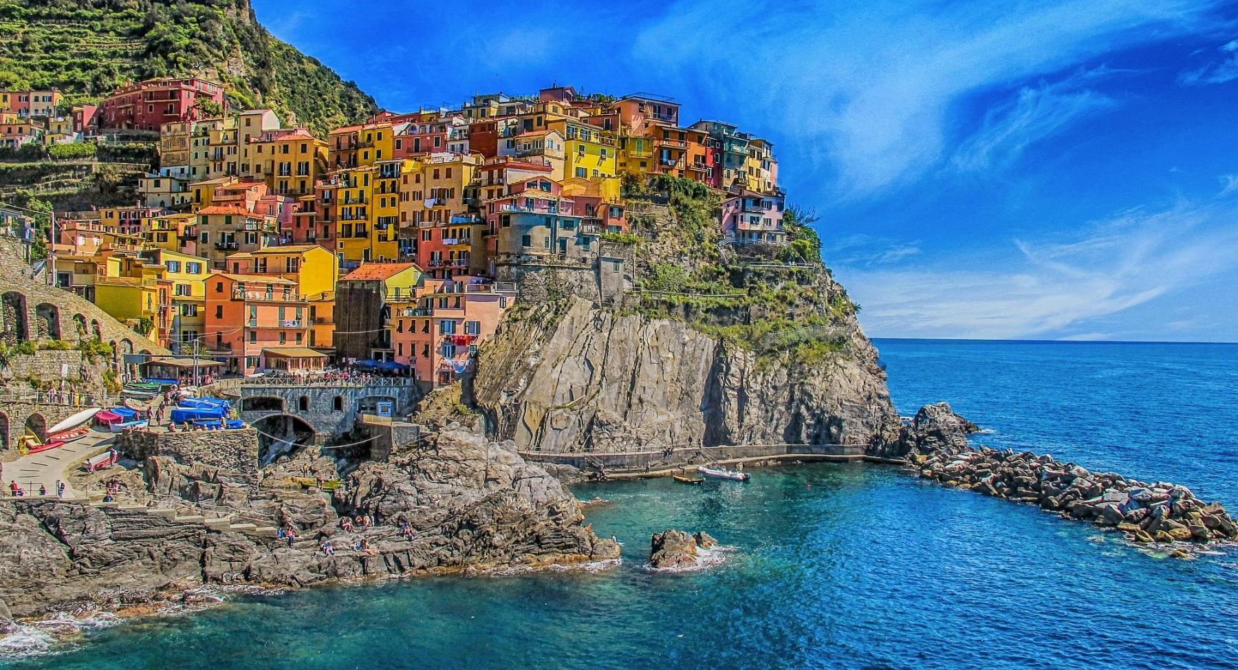 Colourful houses perched on a cliff on the Amalfi Coast