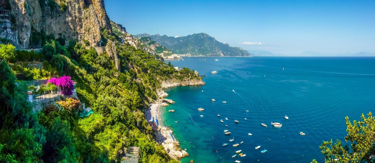 Green cliffs overlooking the Mediterranean from Amalfi