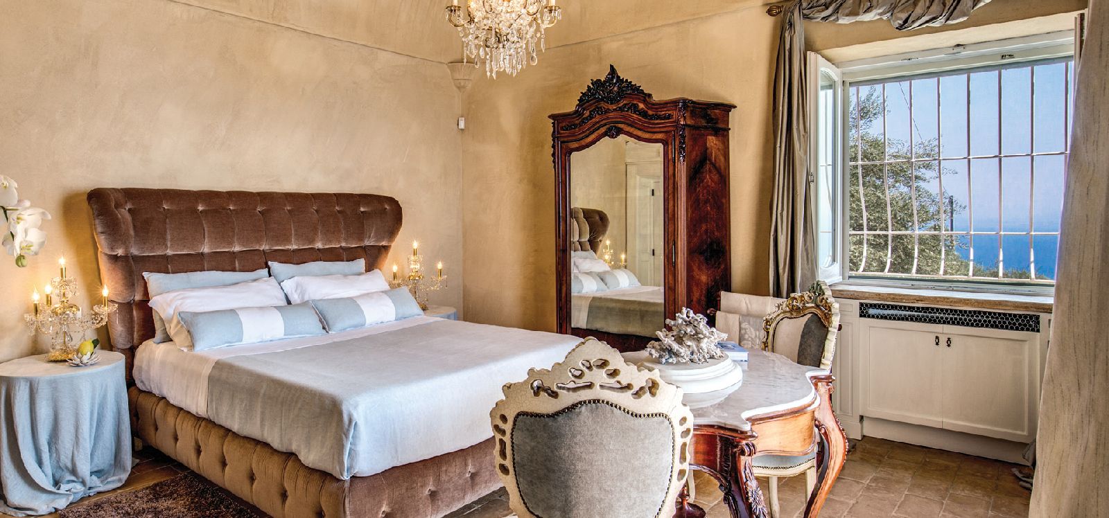 Bedroom with sea view at villa Il Maniero Amalfi Coast Italy