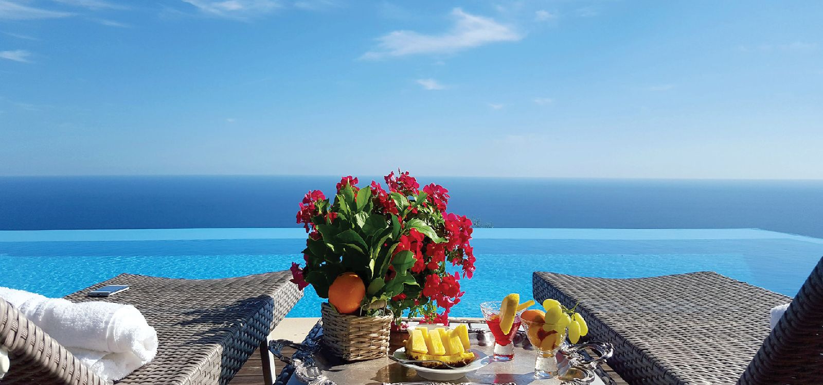 Panoramic views from the pool at villa Il Maniero Amalfi Coast Italy