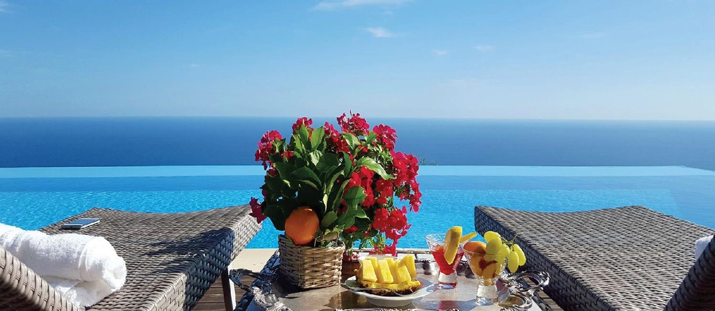 Panoramic views from the pool at villa Il Maniero Amalfi Coast Italy