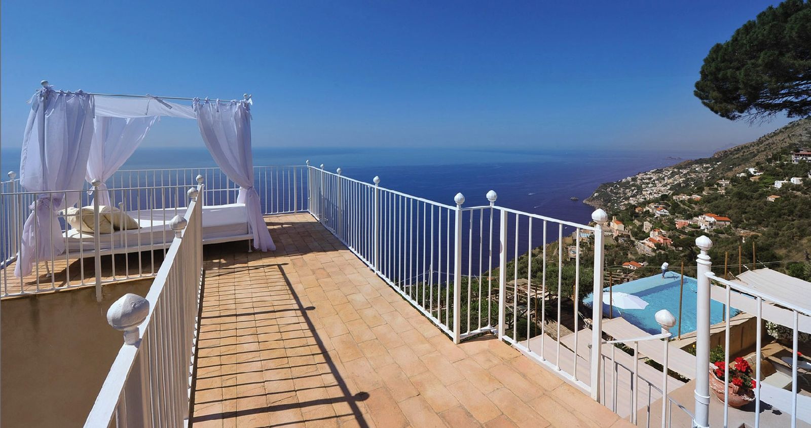 Panoramic terrace and day bed at villa Il Maniero Amalfi Coast Italy