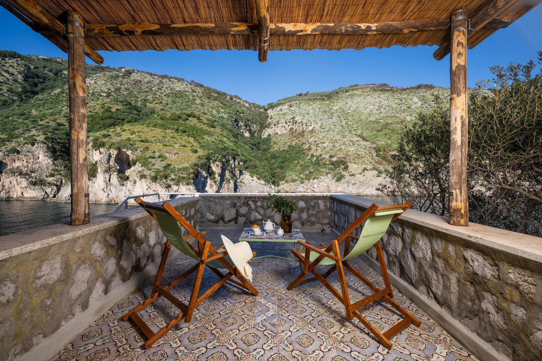 Deck chairs at Isca Private Island in Amalfi, Italy