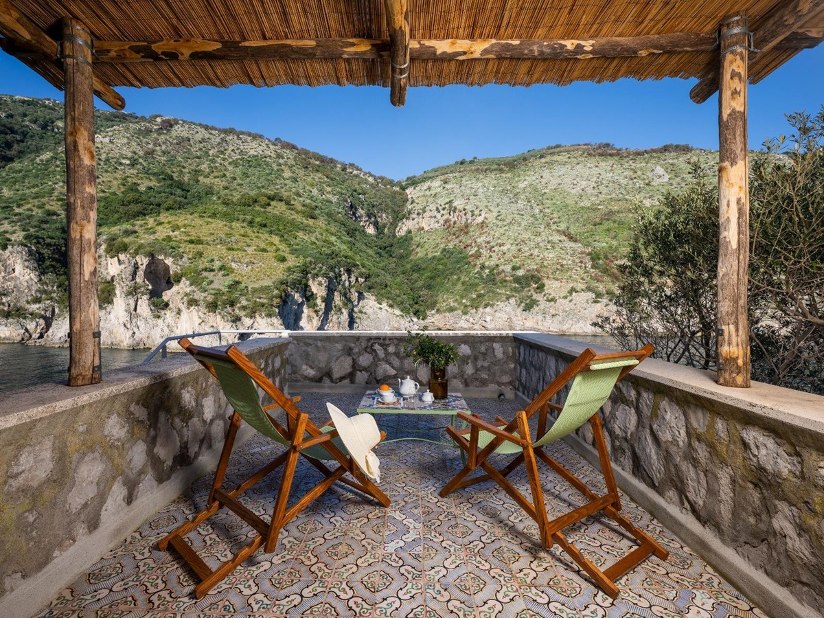Deck chairs at Isca Private Island in Amalfi, Italy