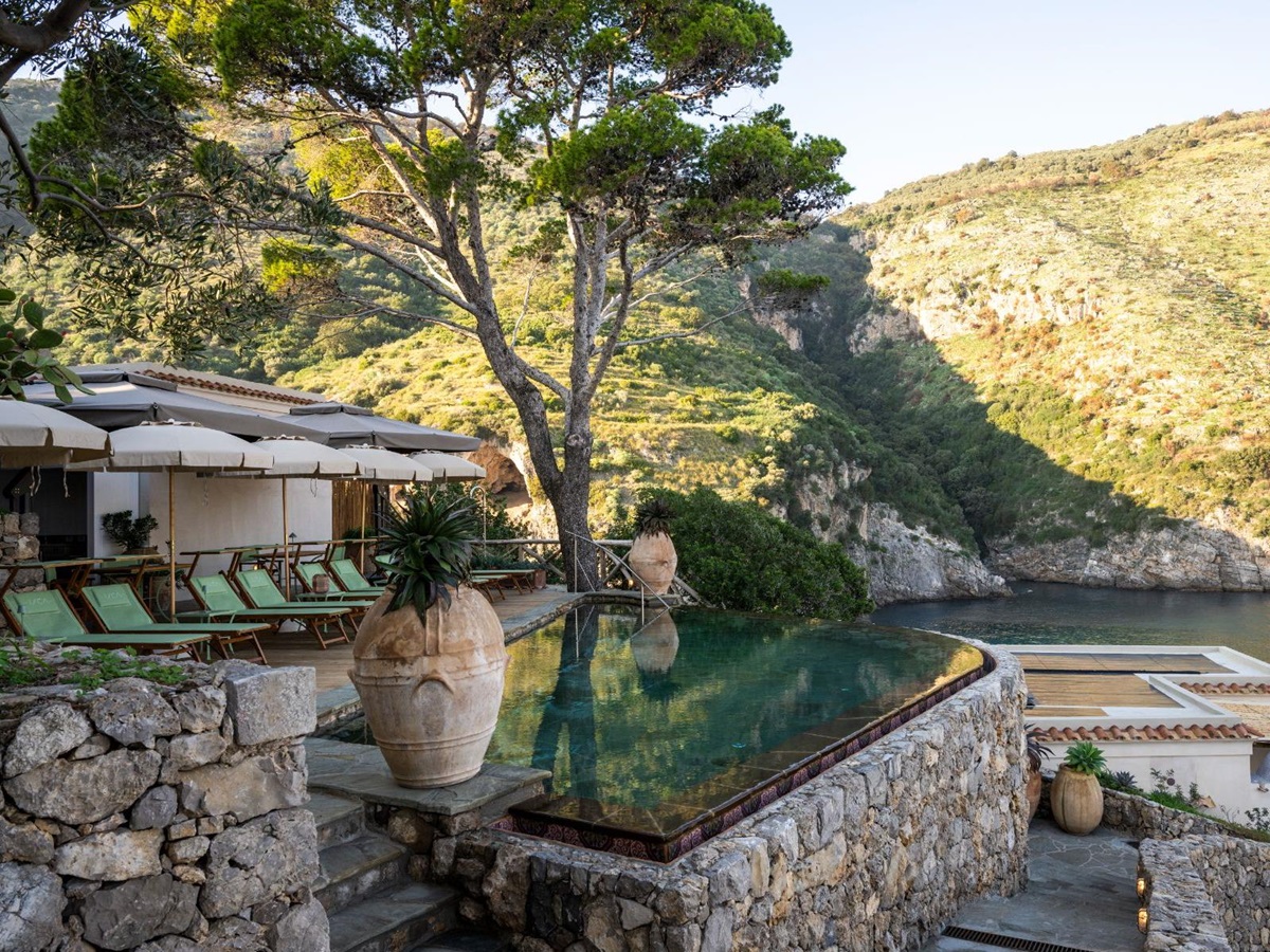 Pool and terrace at Isca Private Island in Amalfi, Italy