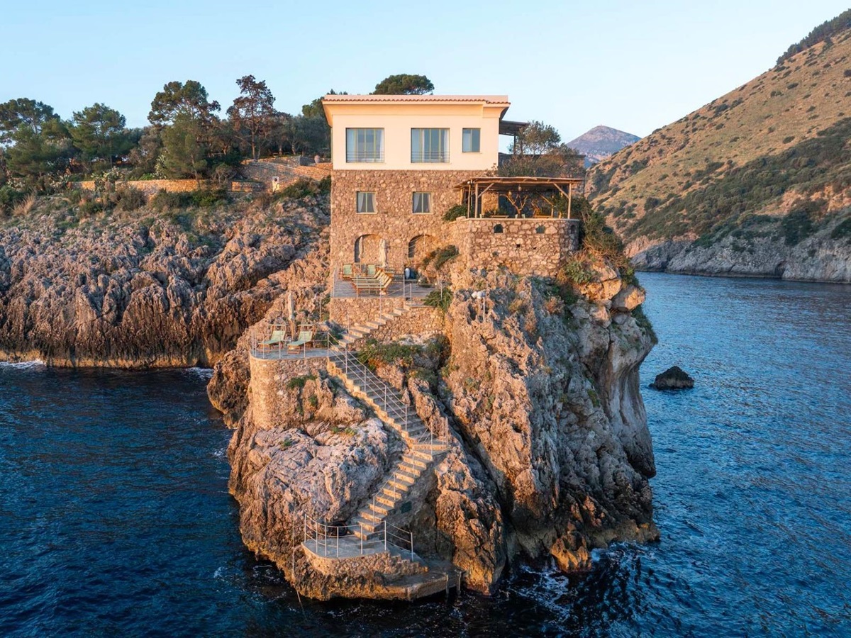 Stairs down to the private dock at Isca Private Island in Amalfi, Italy