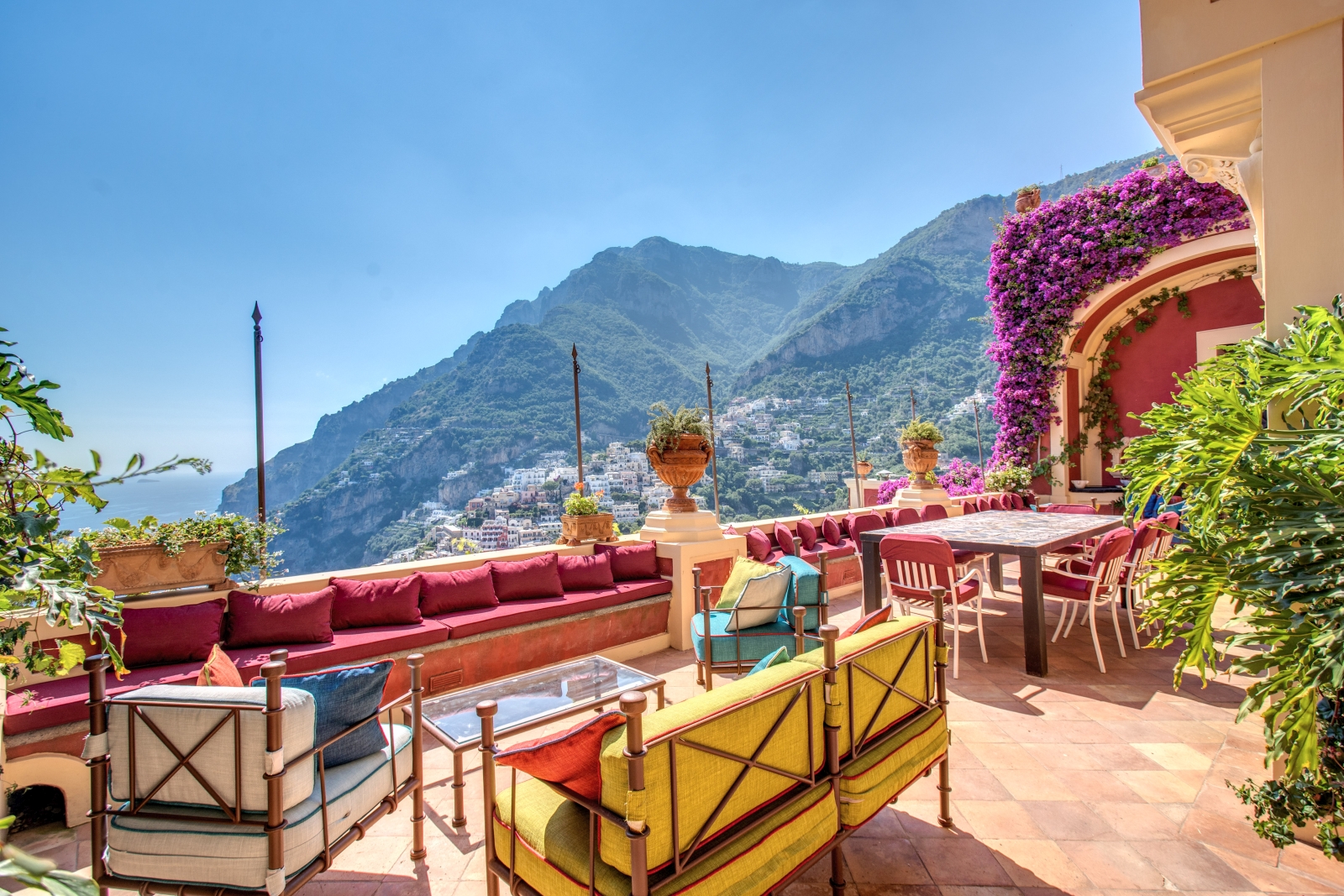 Balcony with outdoor seating and views towards Amalfi