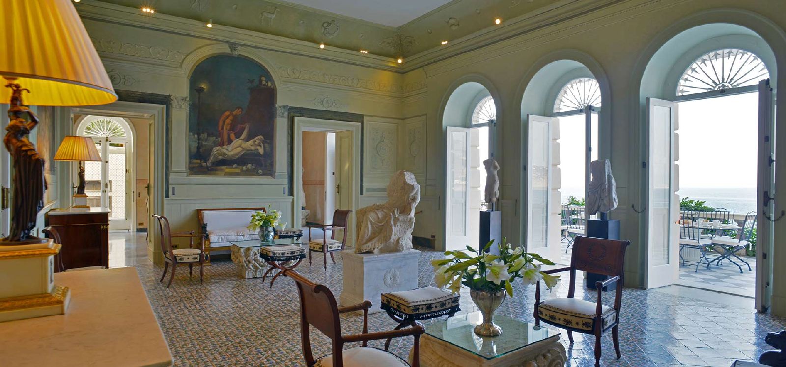 Drawing room and coastal views at Villa Astor Amalfi Italy