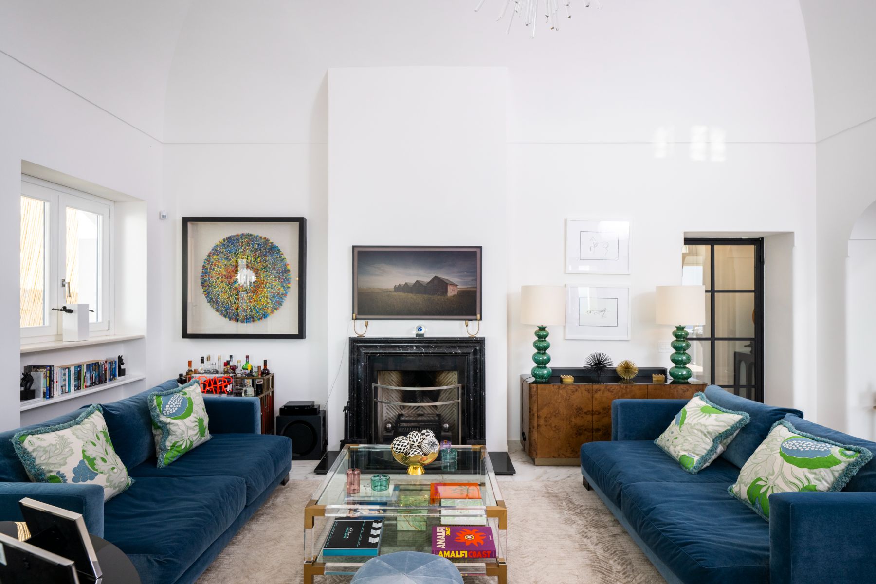 Fireplace and sofas at Villa Colorito in Amalfi