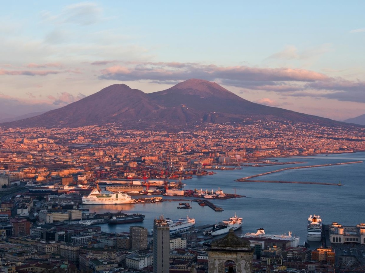 View of Mount Vesuvius and Naples near to Villa di Praiano on the Amalfi Coast, Italy