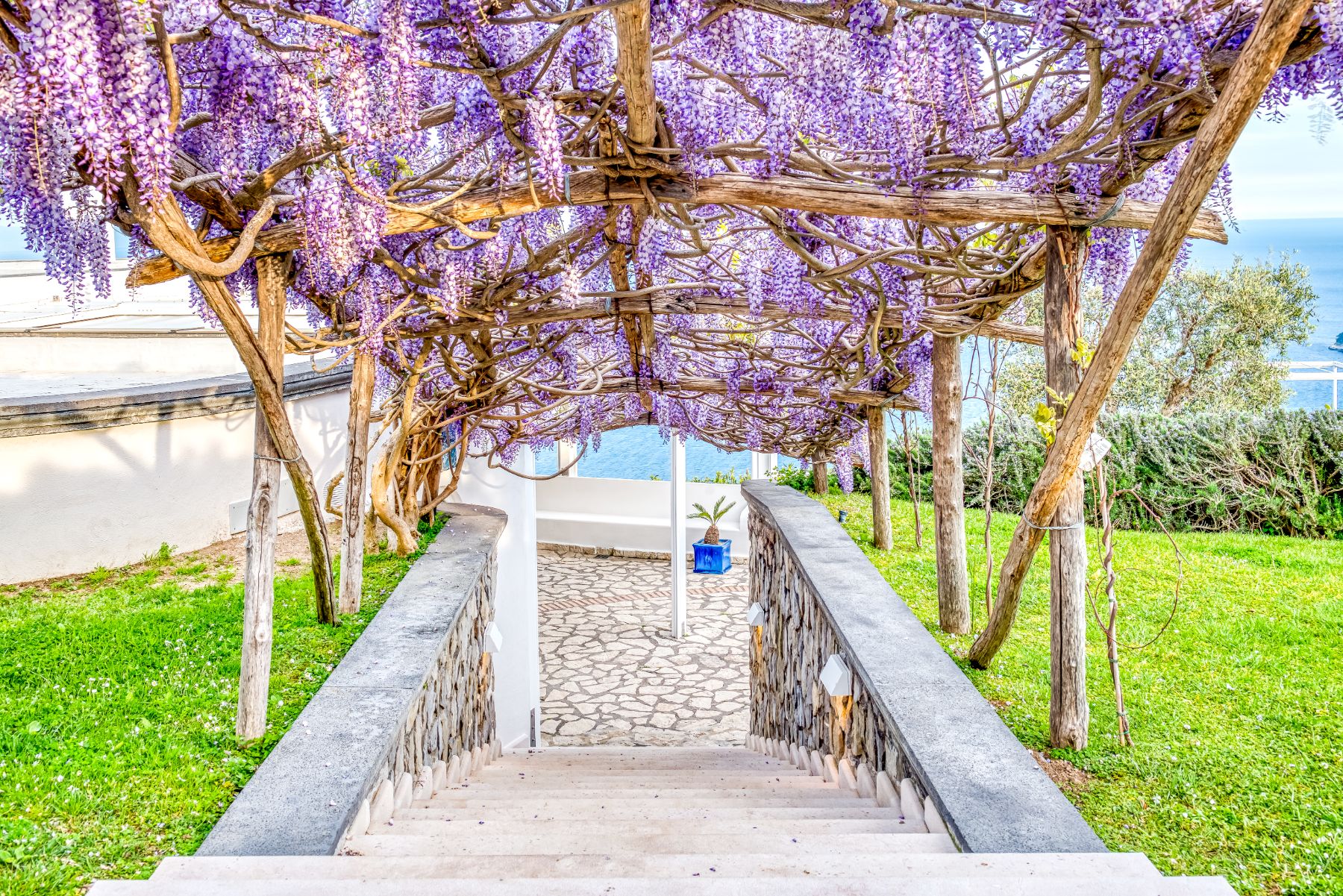 Outdoor stairs with lavender archway and views of the sea at Villa Li Galli in Amalfi