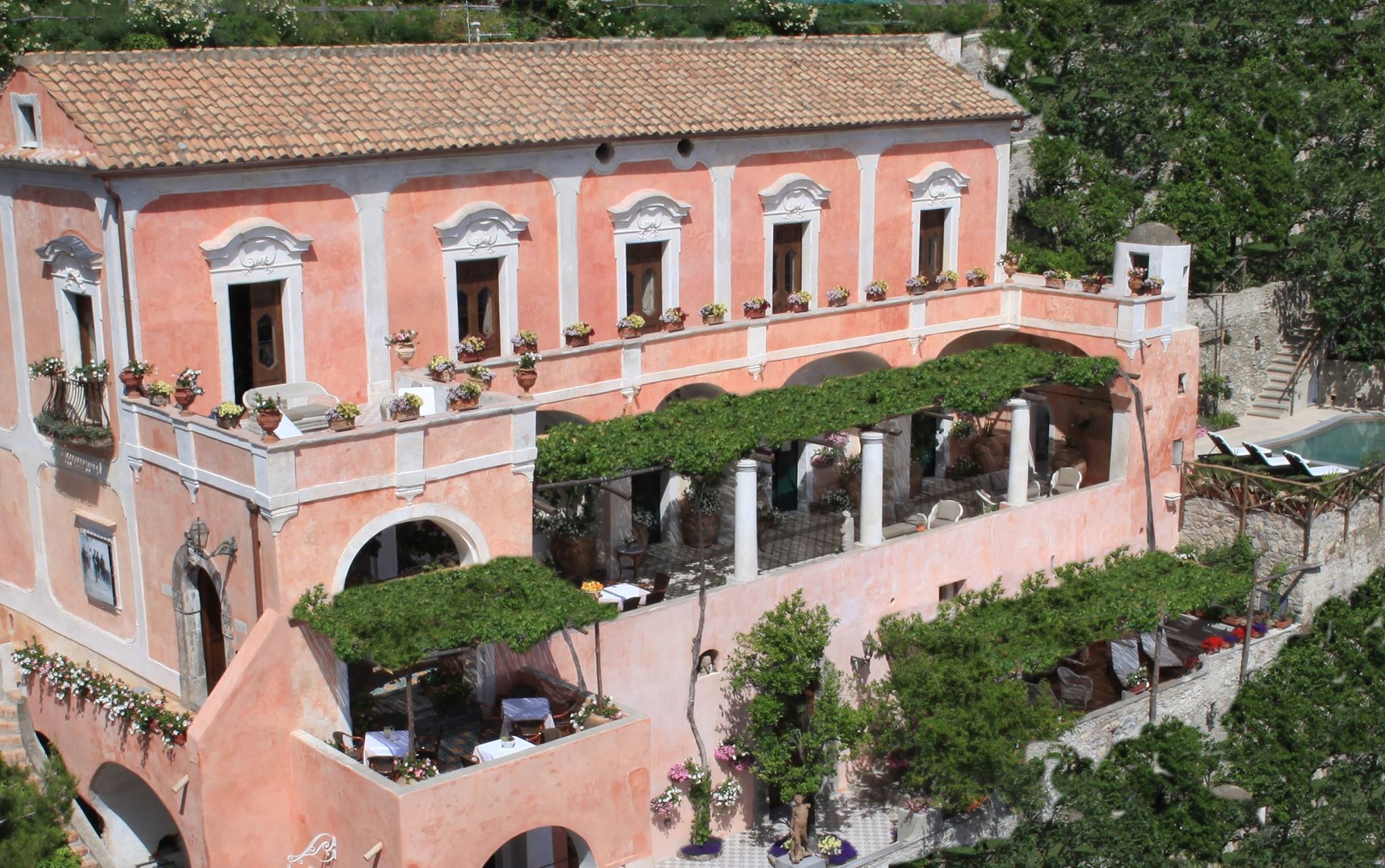 Aerial of the exterior of Villa Marinella, Amalfi Coast