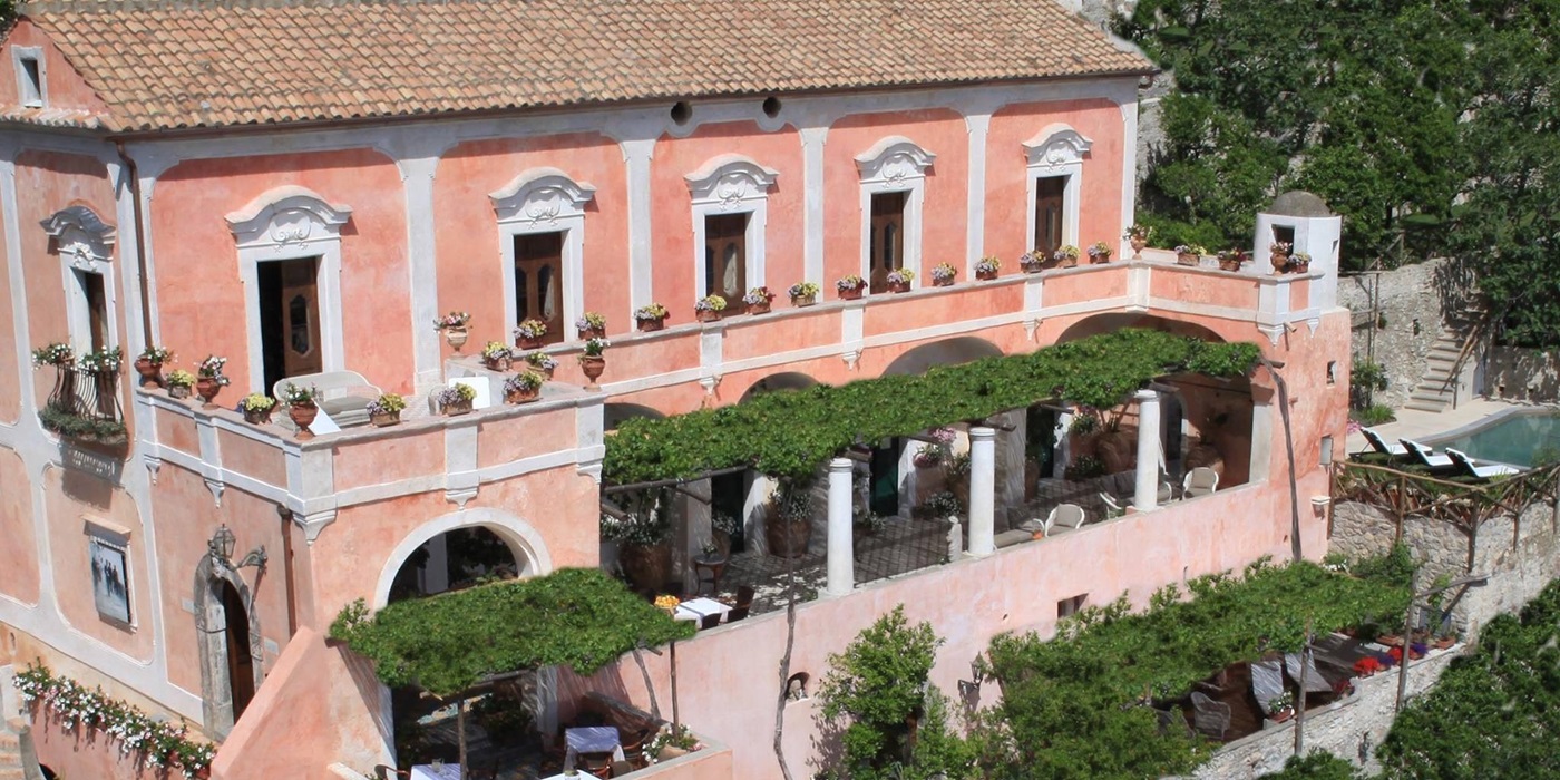 Aerial of the exterior of Villa Marinella, Amalfi Coast