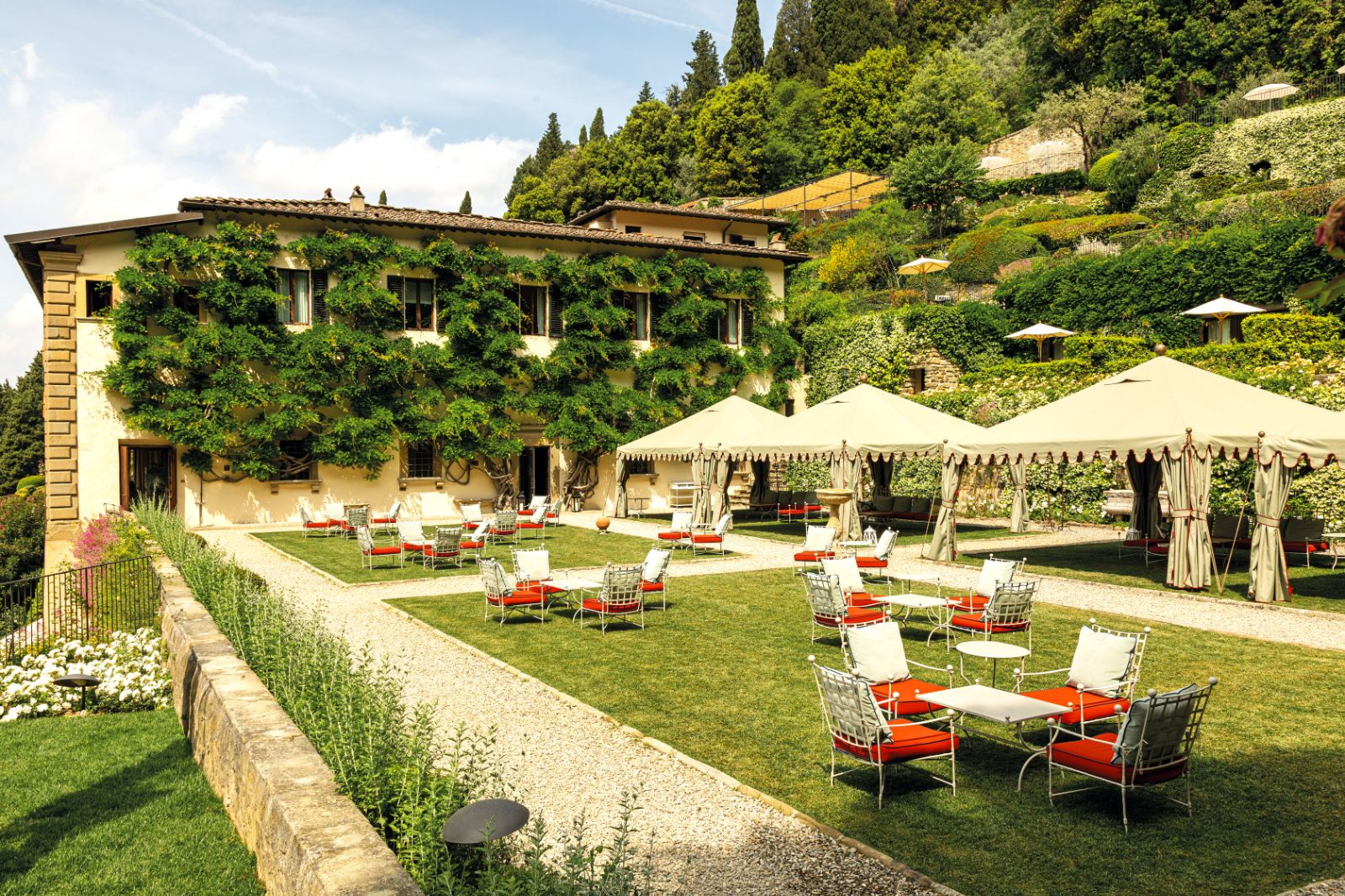 Terrace and gardens at the Belmond Villa San Michele hotel in Tuscany