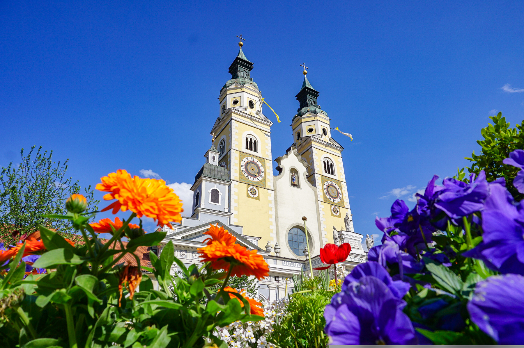 Flowers outside Bressanone Church in the Dolomites
