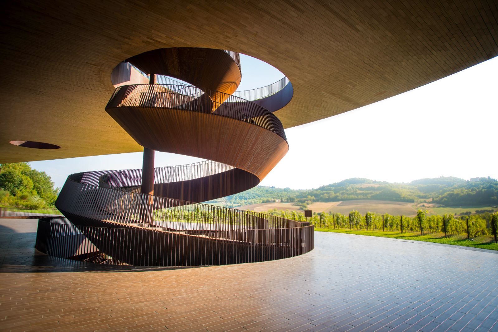 Outdoor spiral staircase at the Antinori wine estate in Chianti, Italy