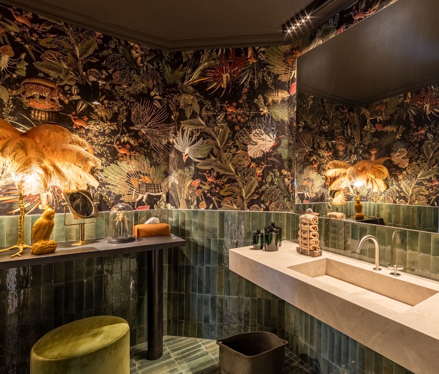A bathroom with decorative wallpaper atluxury rental, Breakwater Bellagio, Lake Como