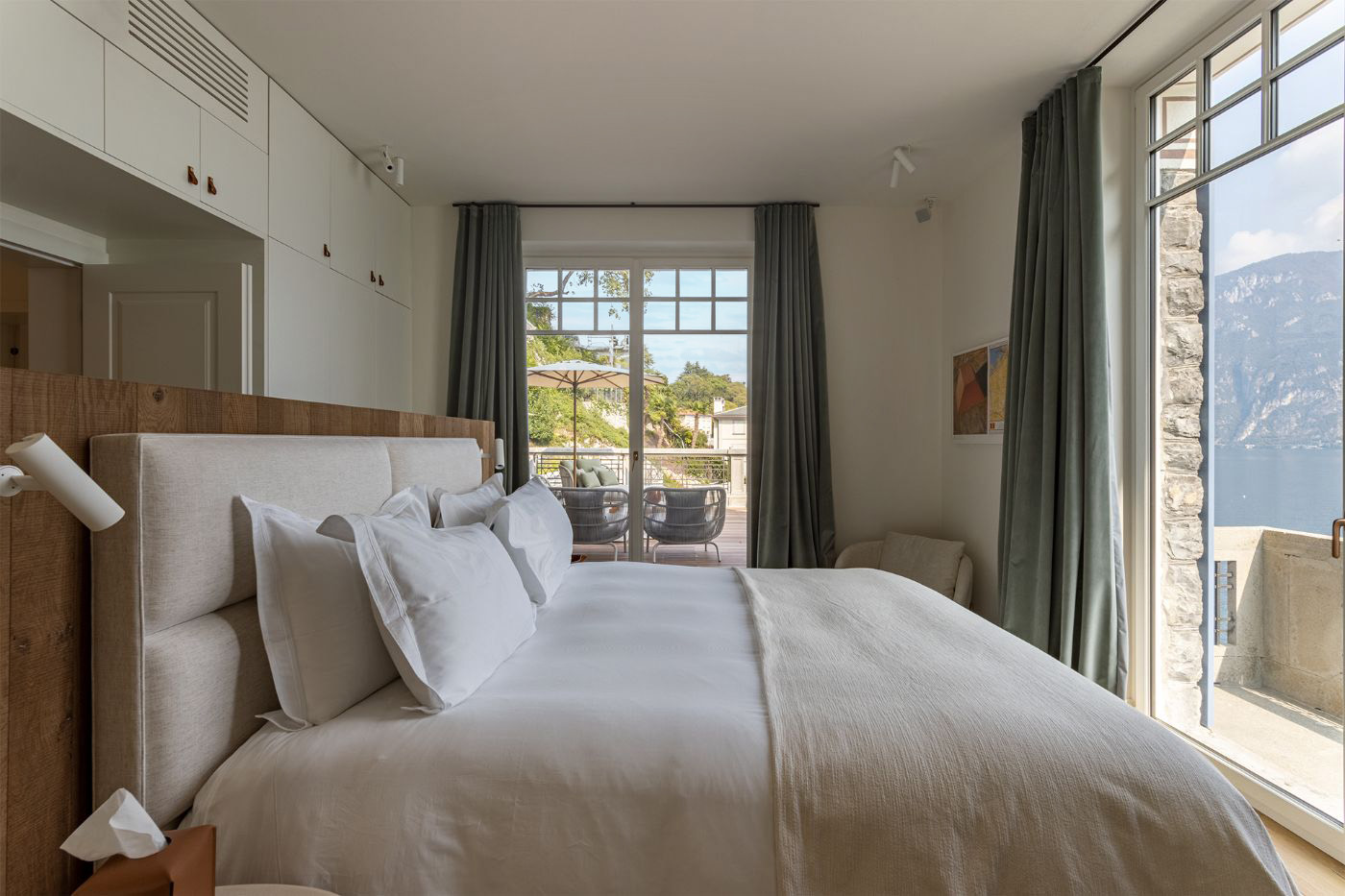 Guest bedroom with lake views at luxury villa rental, Breakwater Bellagio, on Lake Como