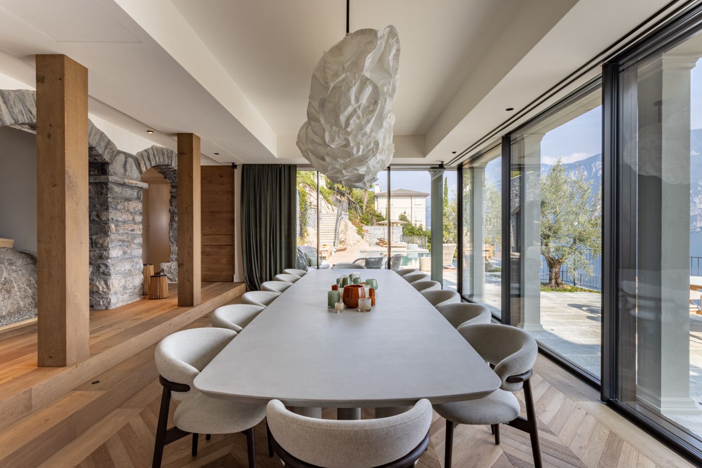 The dining room with full lake views at luxury villa rental, Breakwater Bellagio, Lake Como
