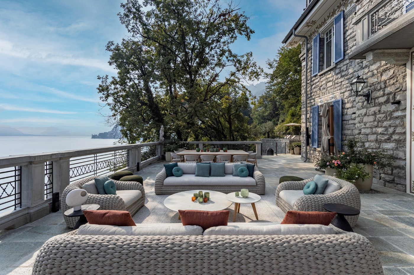Outdoor seating area with lake views at private rental Breakwater Bellagio on Lake Como