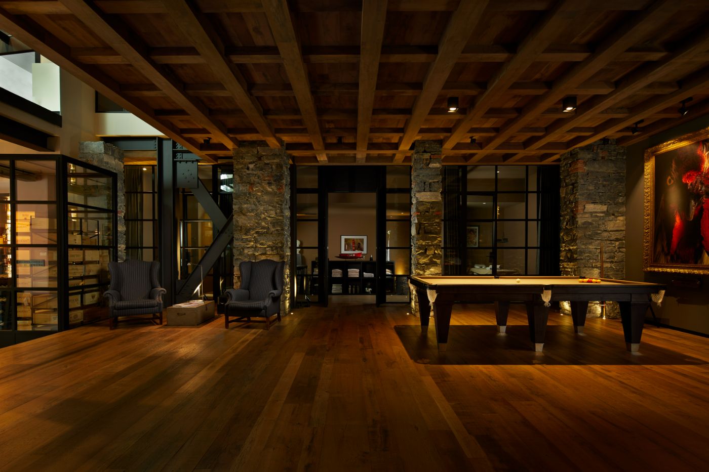 An interior shot of the Breakwater, including a billiards table.