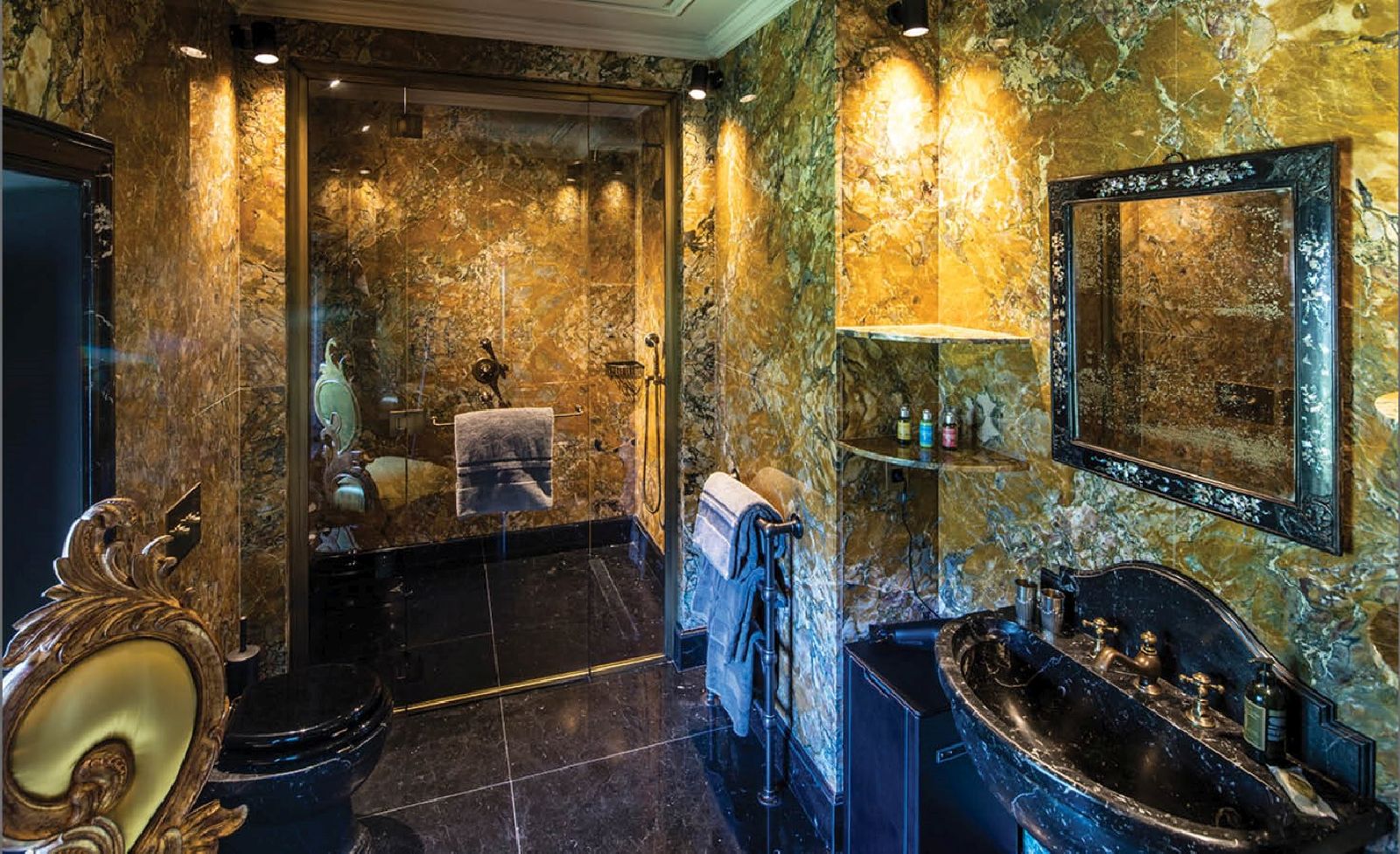 Opulent marble bathroom at Villa Balbiano Lake Como Italy