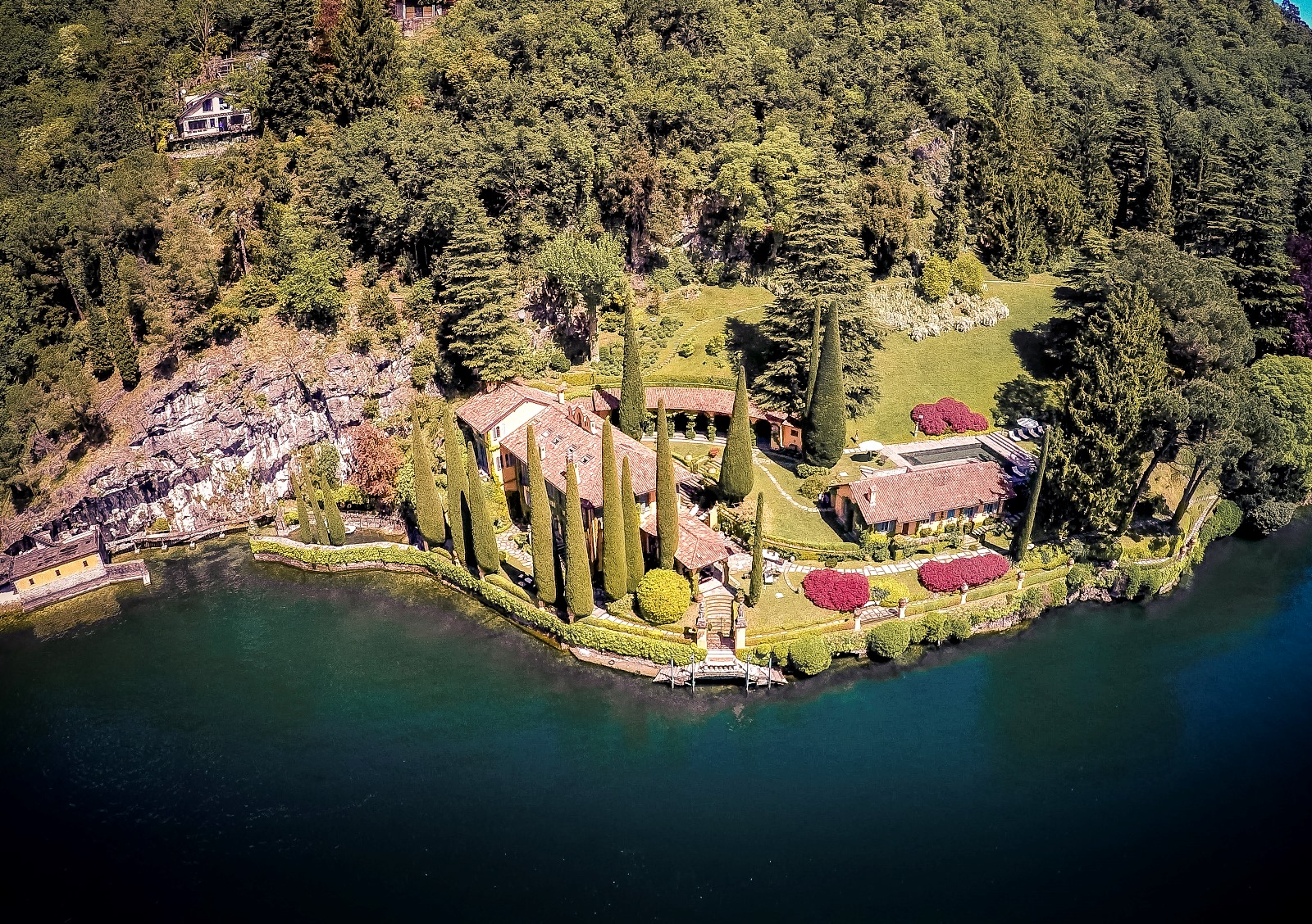 Aerial of Villa la Cassinella, Lake Como
