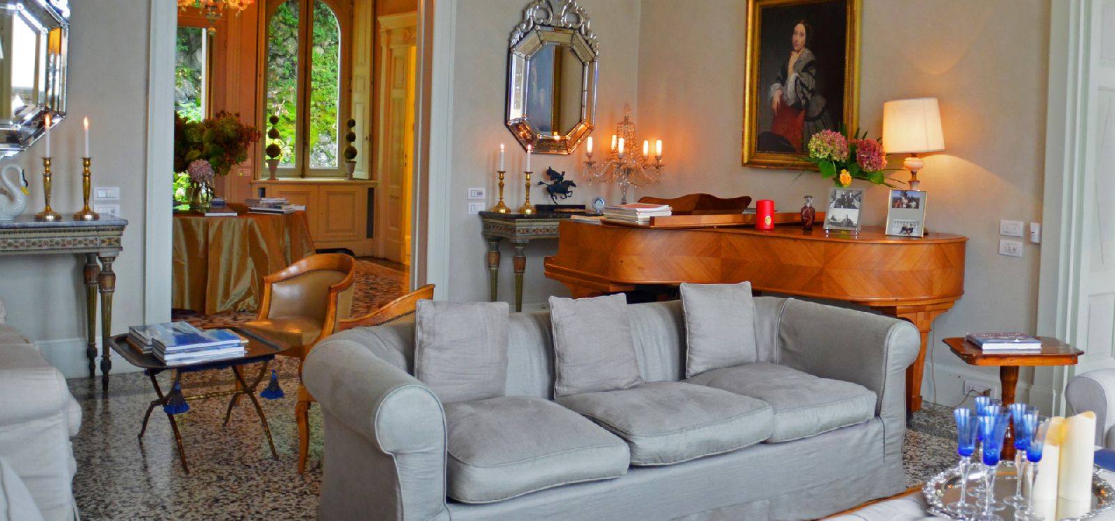 Grey sofas in living room at Villa Maria Taglioni on the Italian Lakes