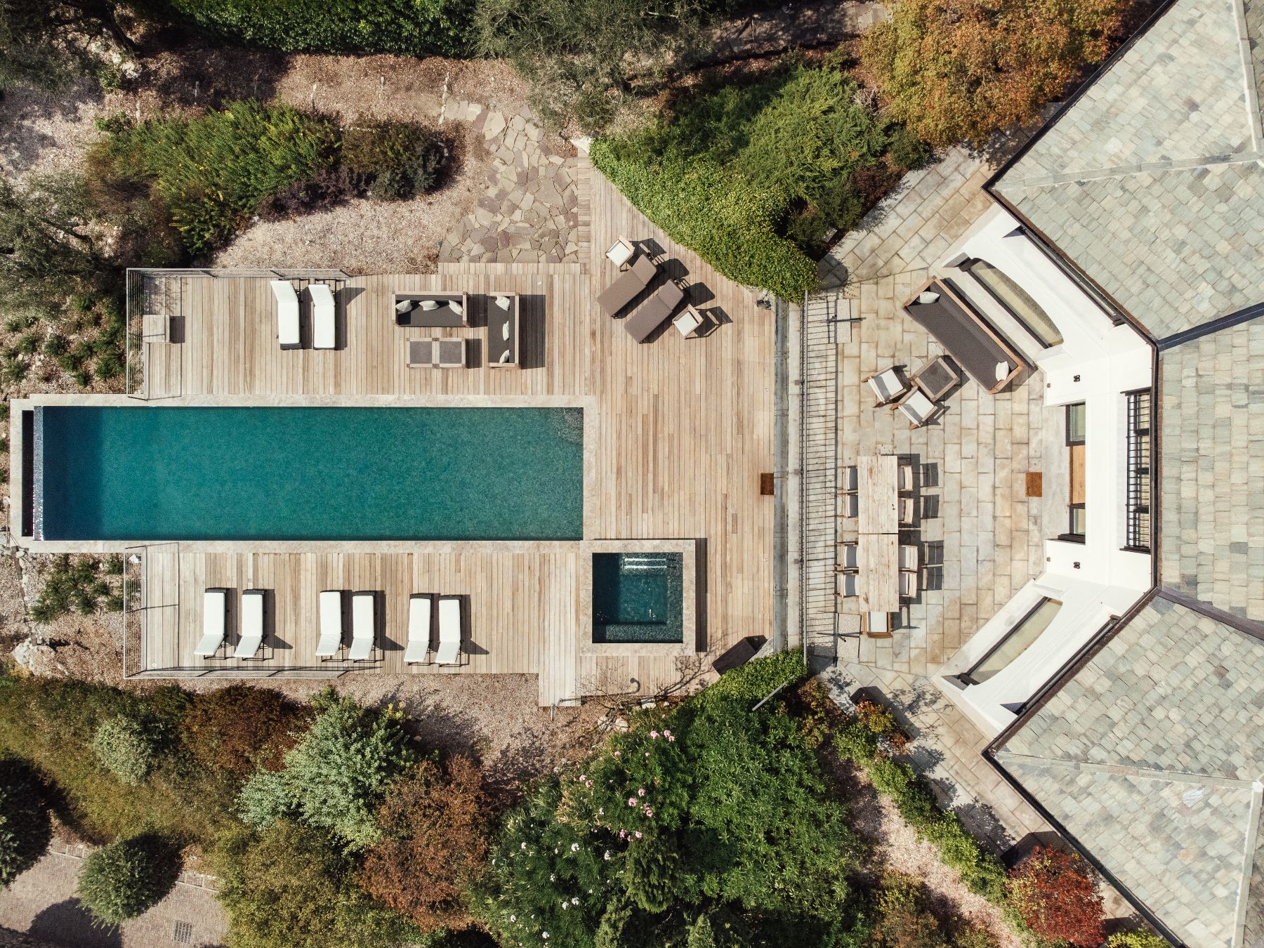 Aerial shot of the pool at Villa Pola with private pool on the shores of Lake Como, Italy