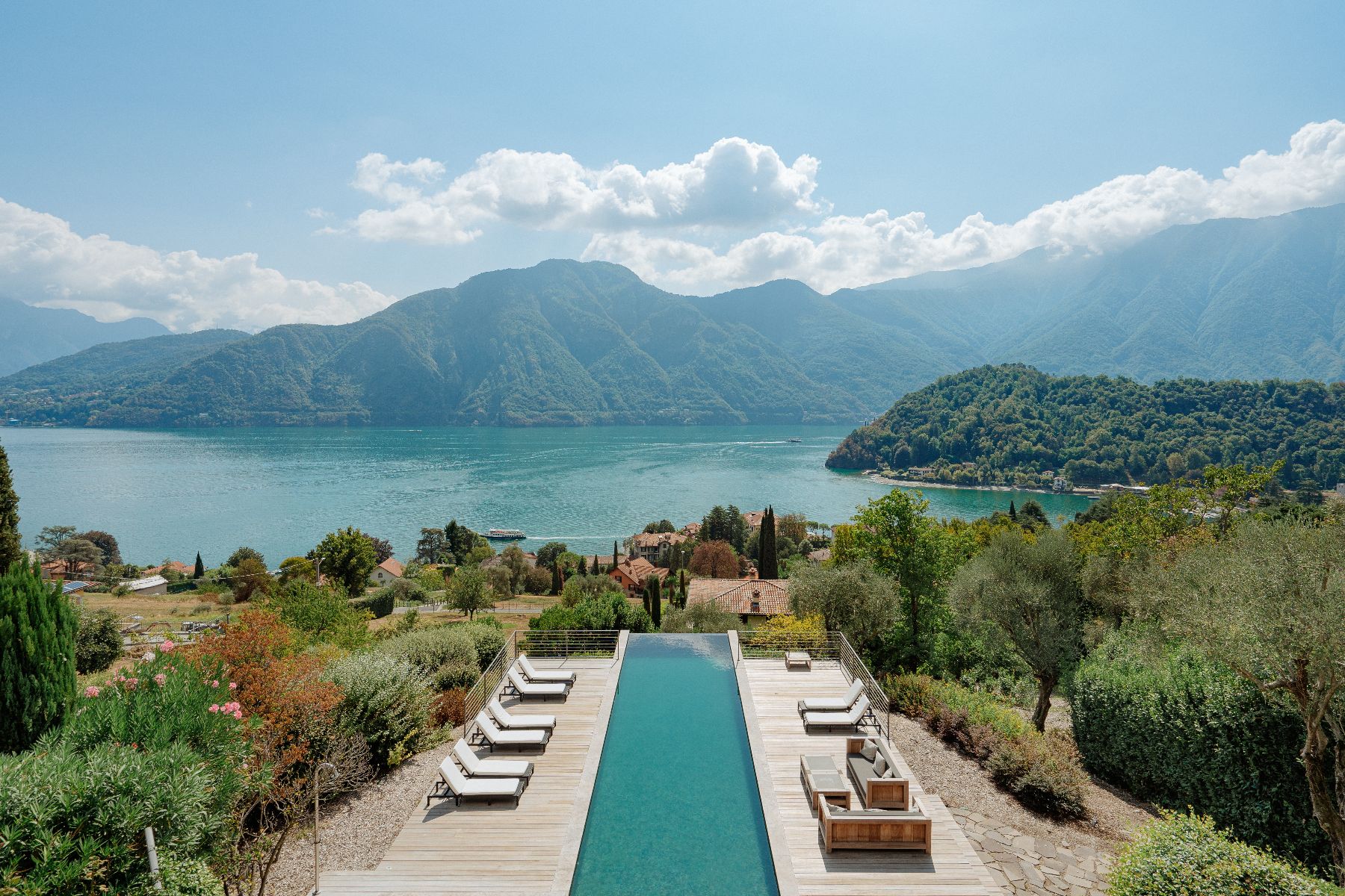 Aerial shot of the pool at Villa Pola with view to Lake Como, Italy