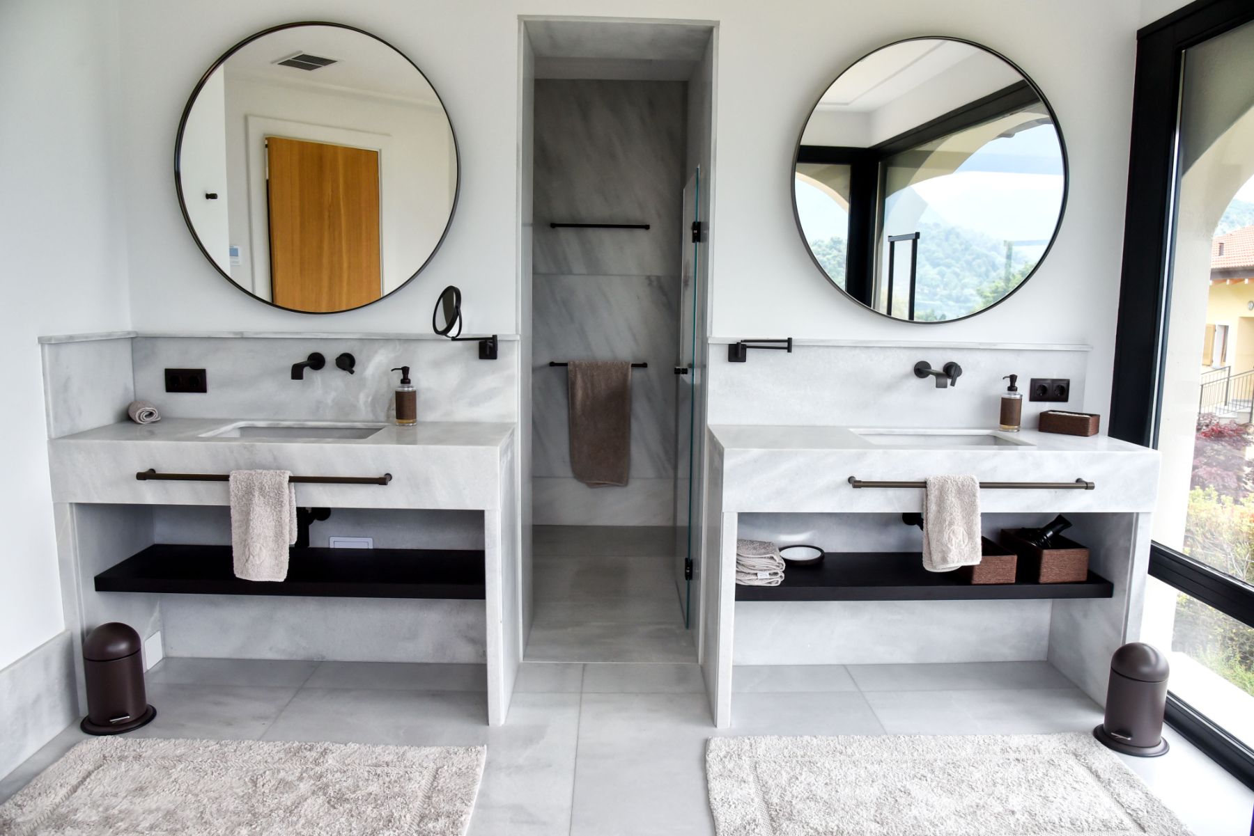 Twin wash basins in bathroom at private rental Villa Pola on Lake Como, Italy
