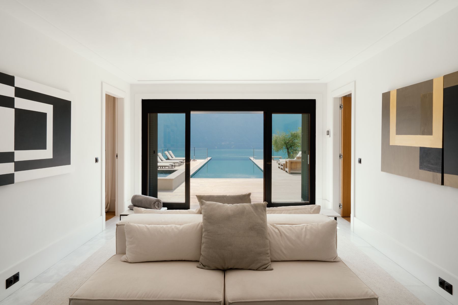 Sitting area with Lake Como views at private rentall Villa Pola in the Italian Lakes, Italy