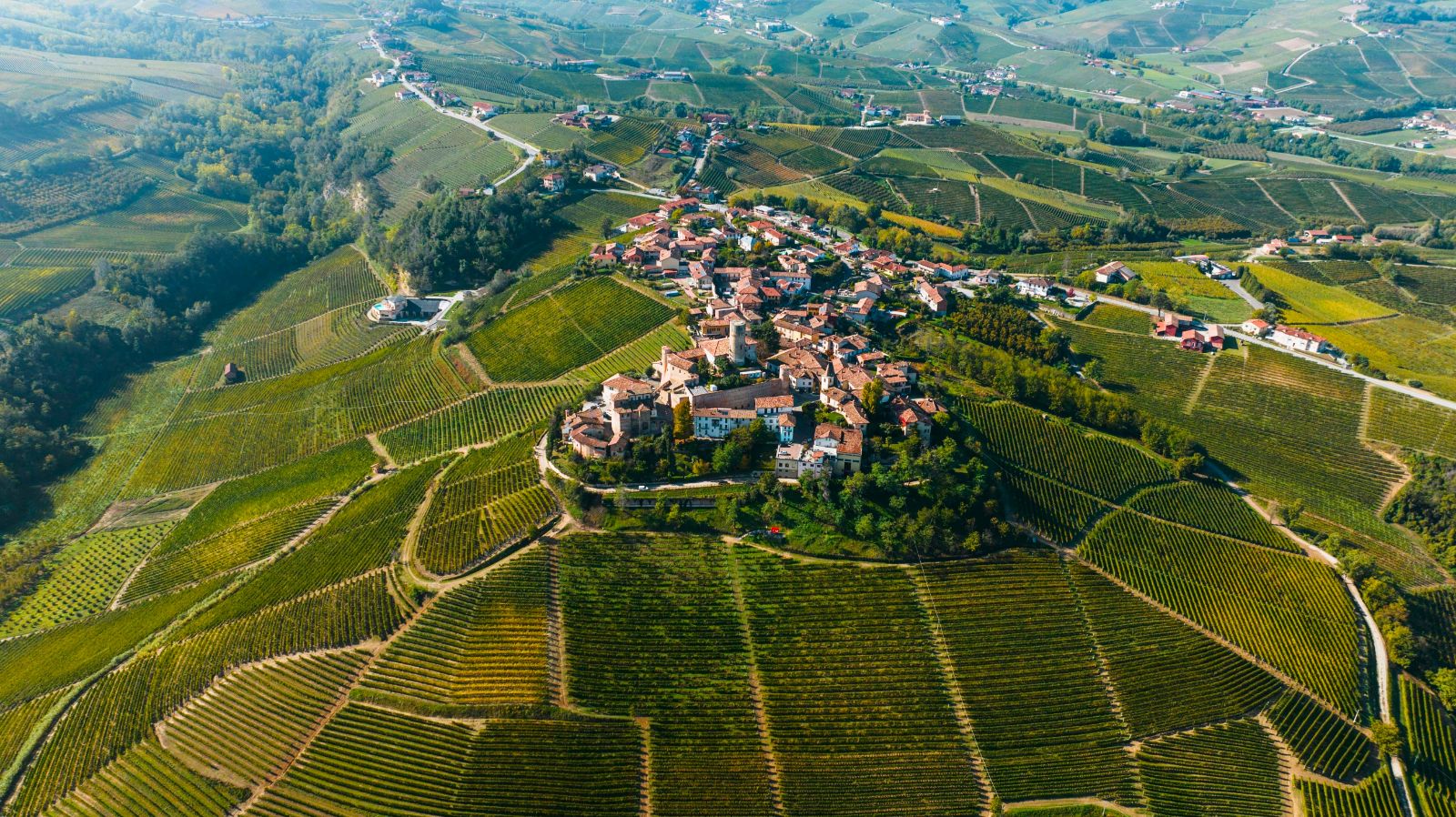 Aerial view of a traditional hilltop town in Piedmont, Italy