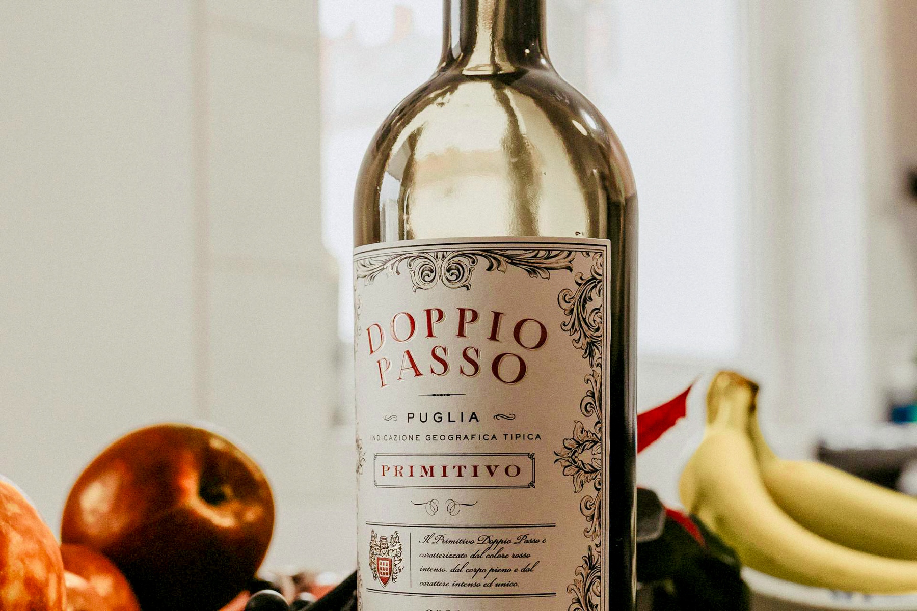 Close up view of a bottle of Primitivos wine from Puglia