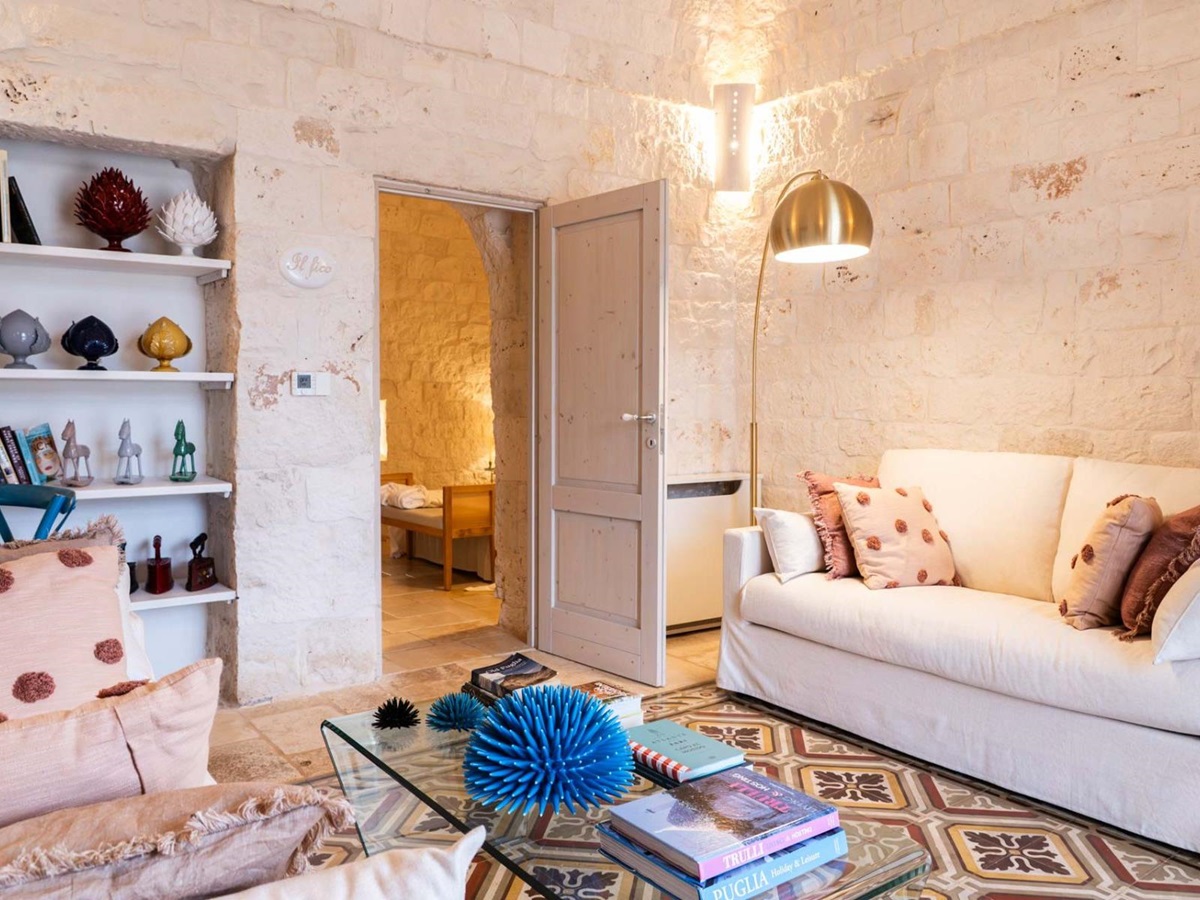 Living room at Masseria Bianco in Puglia, Italy