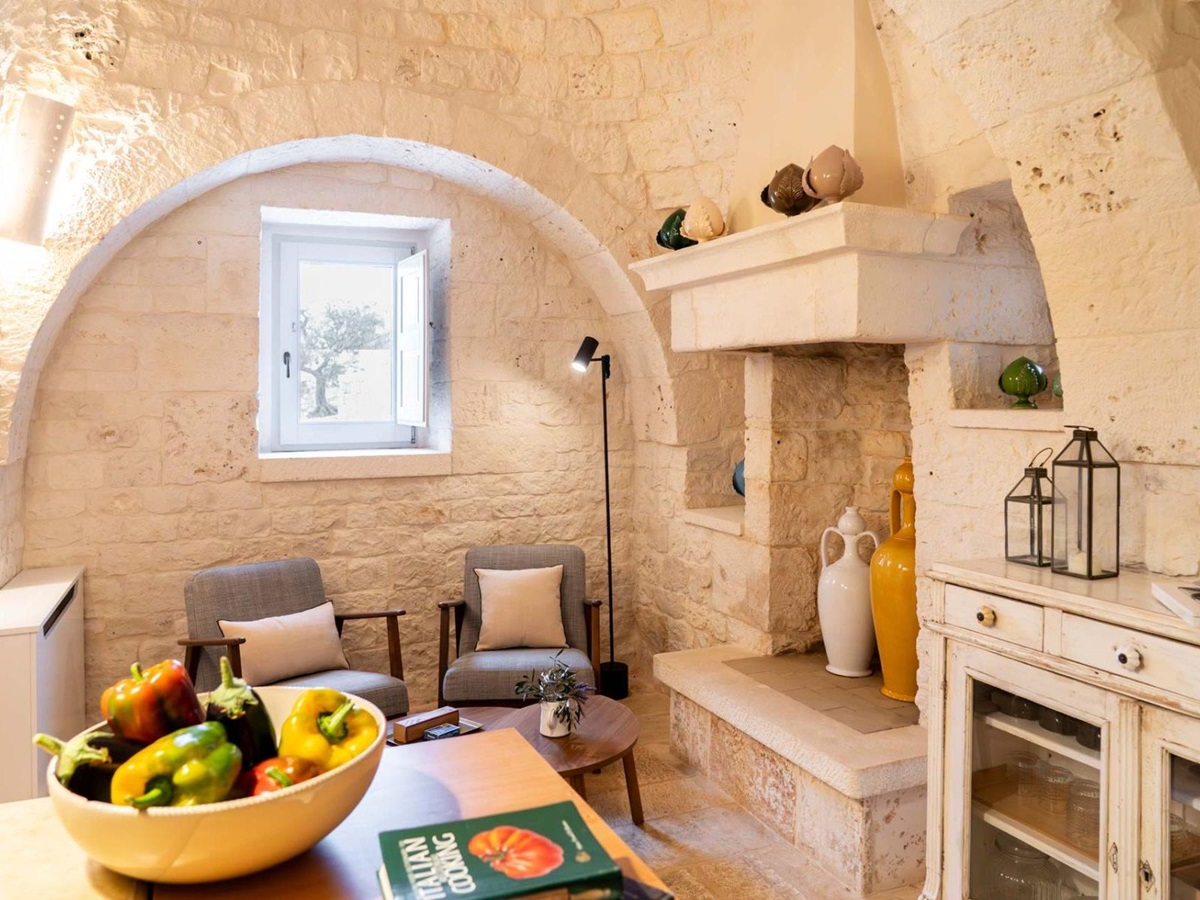 Seating area at Masseria Bianco in Puglia, Italy