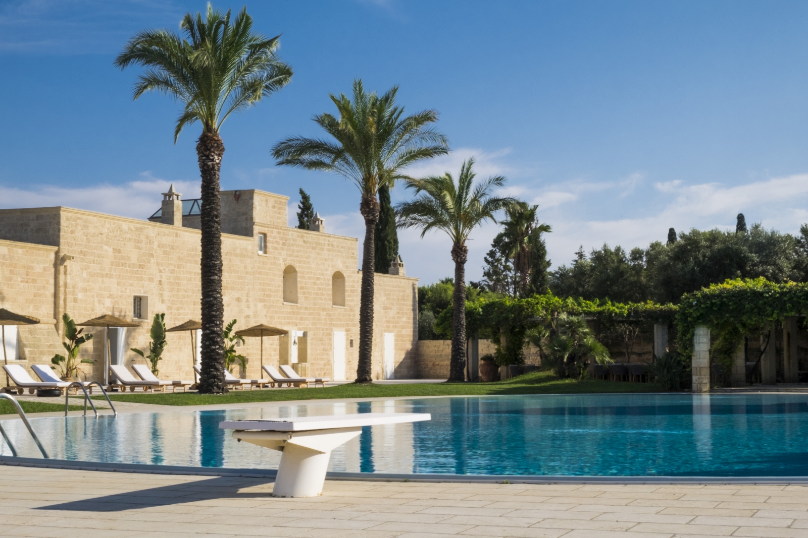Pool with diving board and patio area with sun loungers, umbrellas and palm trees at Masseria dei Papi in Puglia, Italy