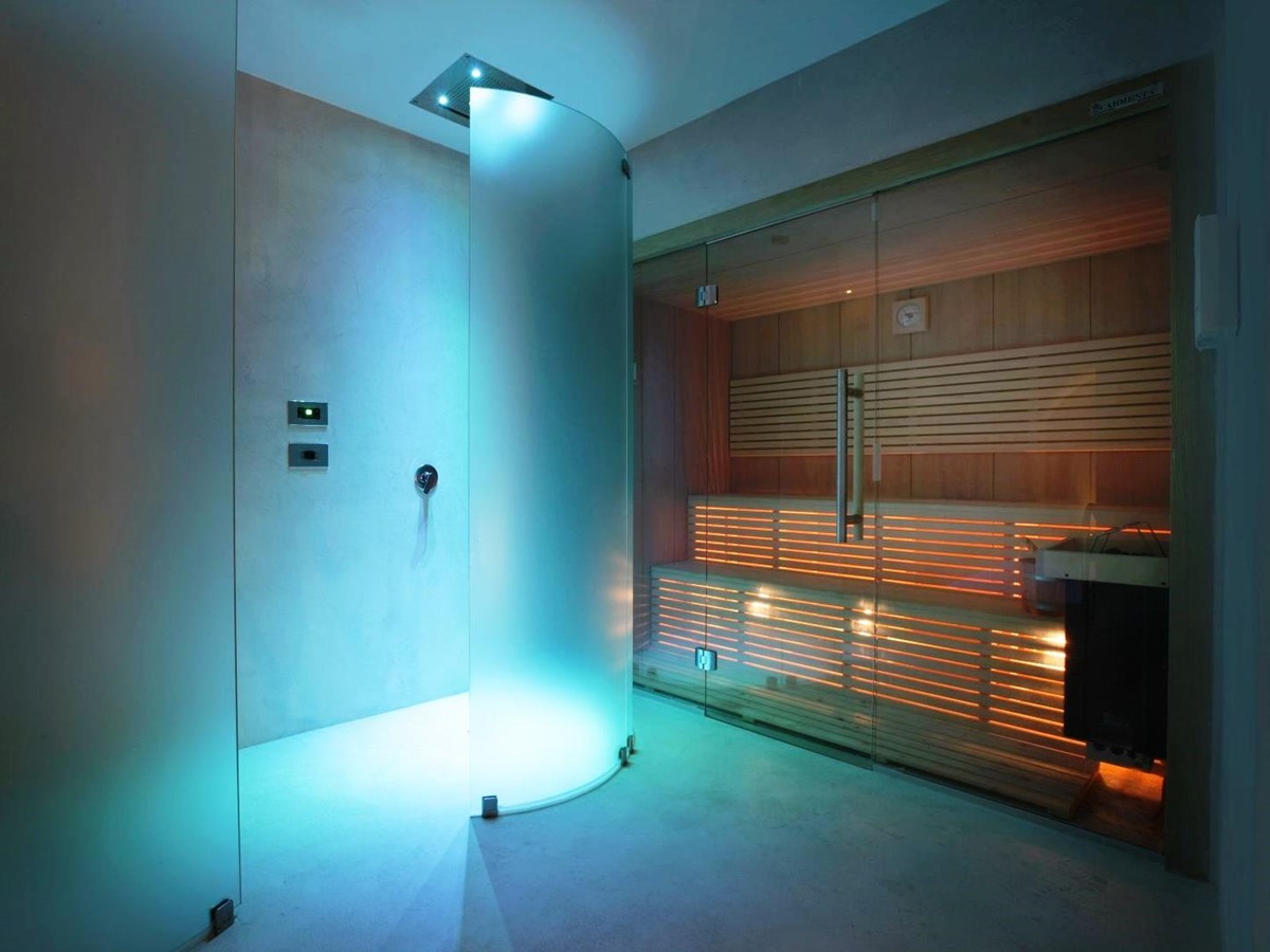 Solarium and shower in spa at villa masseria dei papi in Puglian, Italy