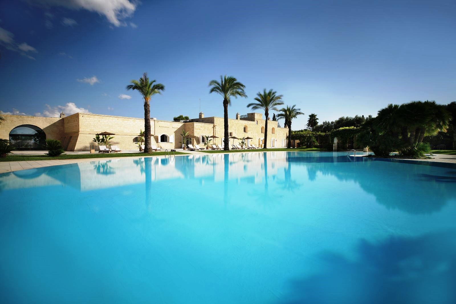 view over the pool of the exterior of villa masseria dei papi in Puglia, Italy with a line of 4 palm trees in front