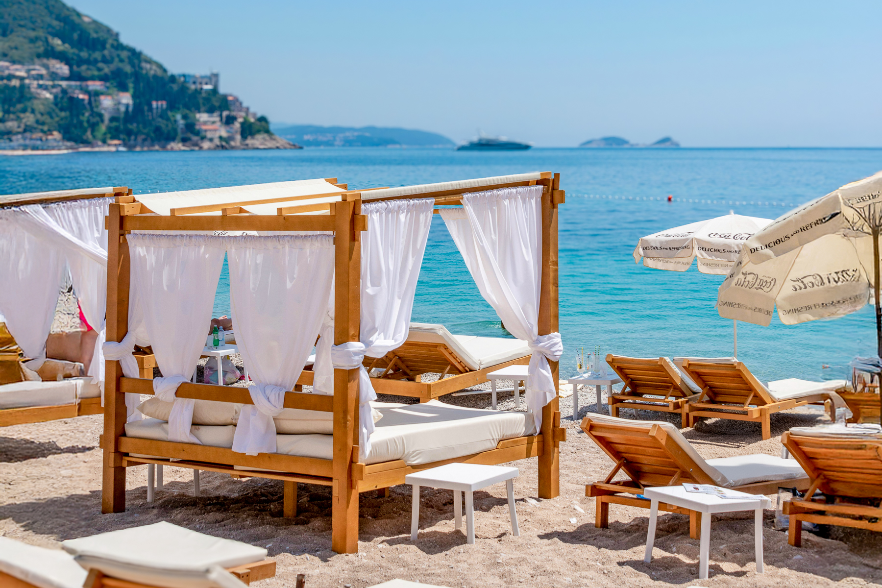 A cabana at a beach club on the Capitolo Beach in Puglia