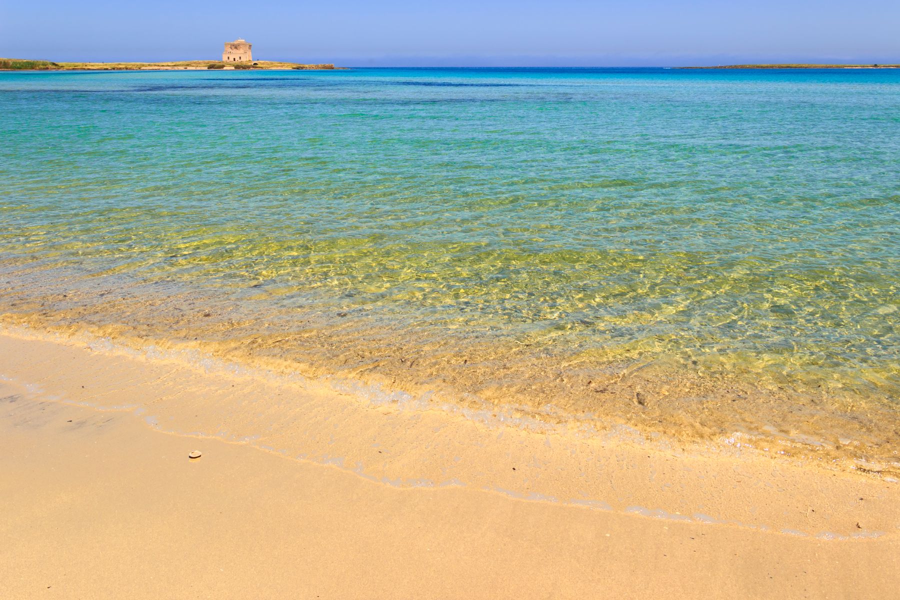 View of the 16th century watch tower from Torre Guaceta beach in Puglia