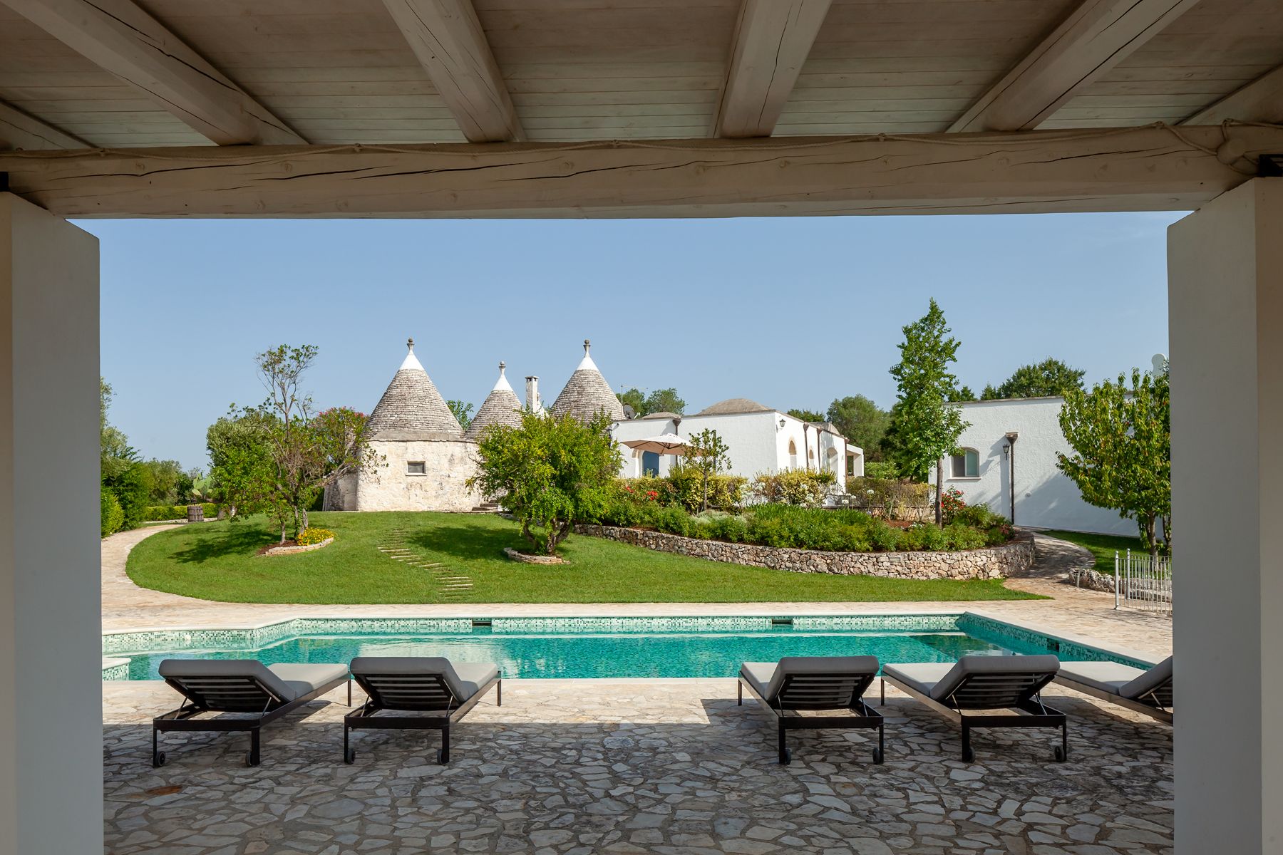 Framed view of the pool at Trulli Lucia in Puglia