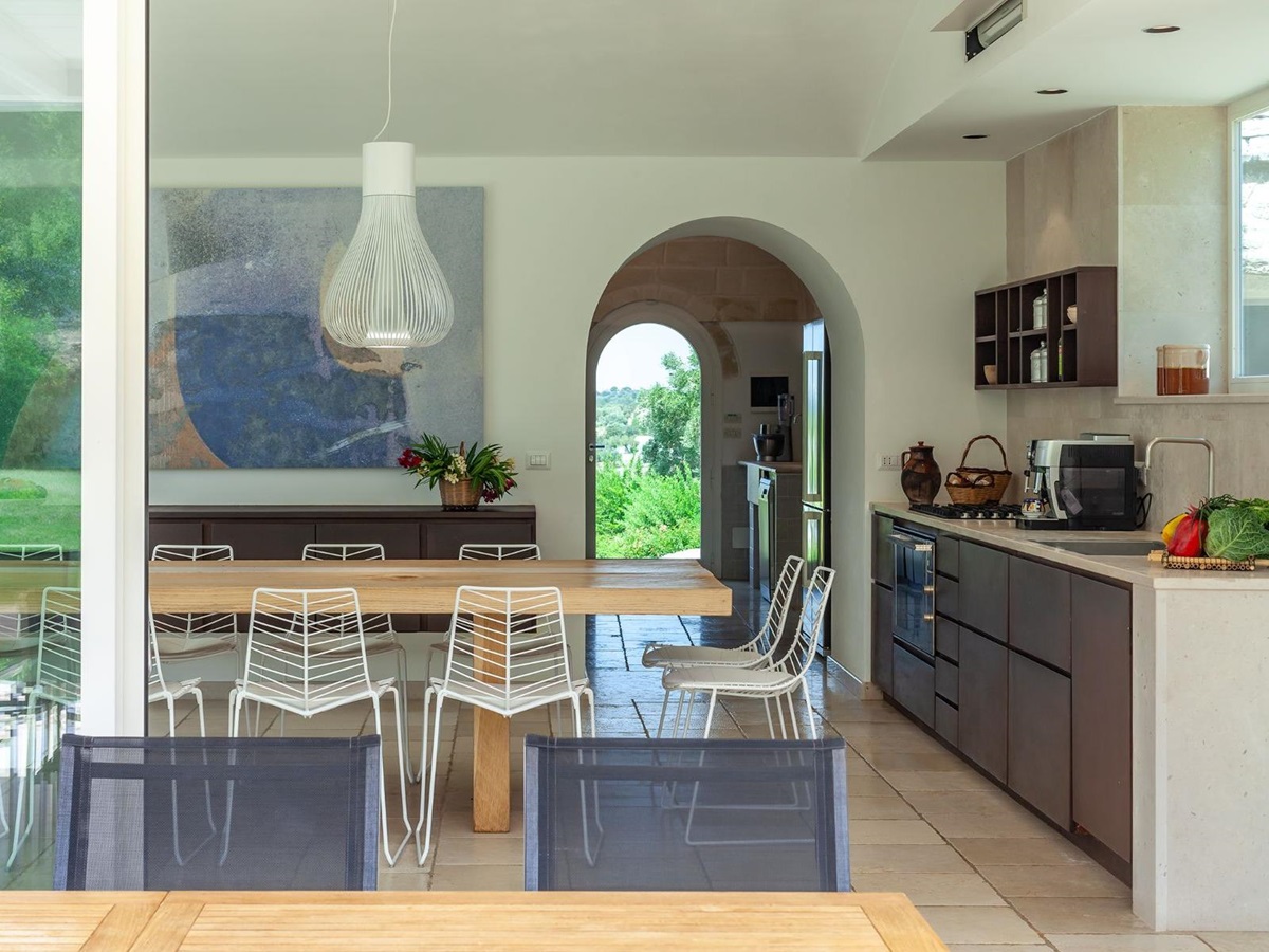 View into kitchen from doors at Trulli Lucia in Puglia