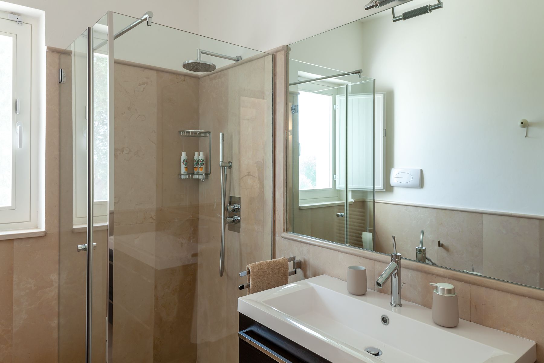 Shower and sink landscape view at Trulli Lucia in Puglia