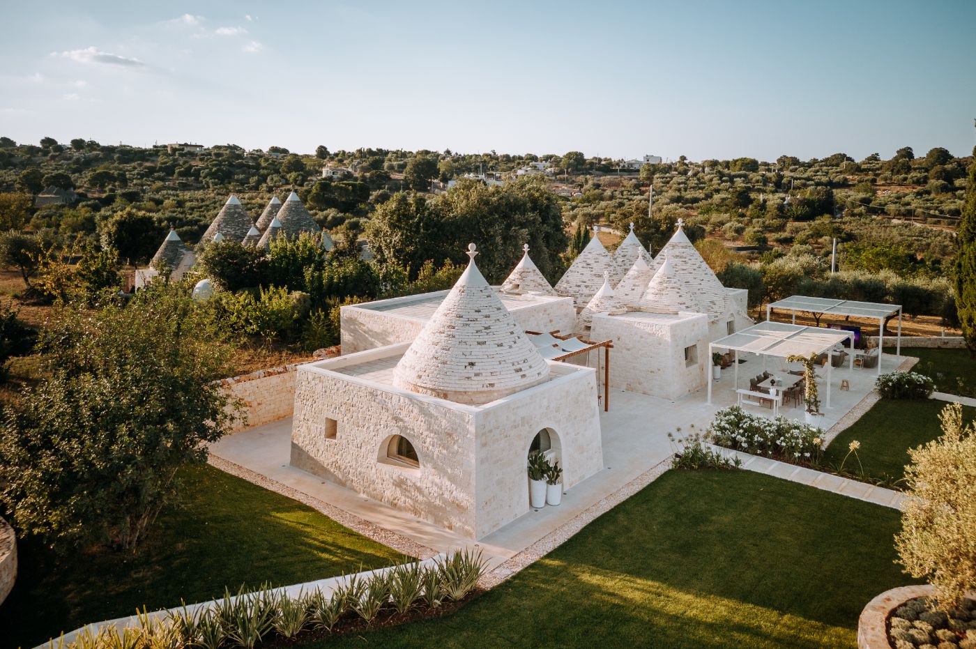 An aerial view of the Trulli buildings at Trulli Pomona.