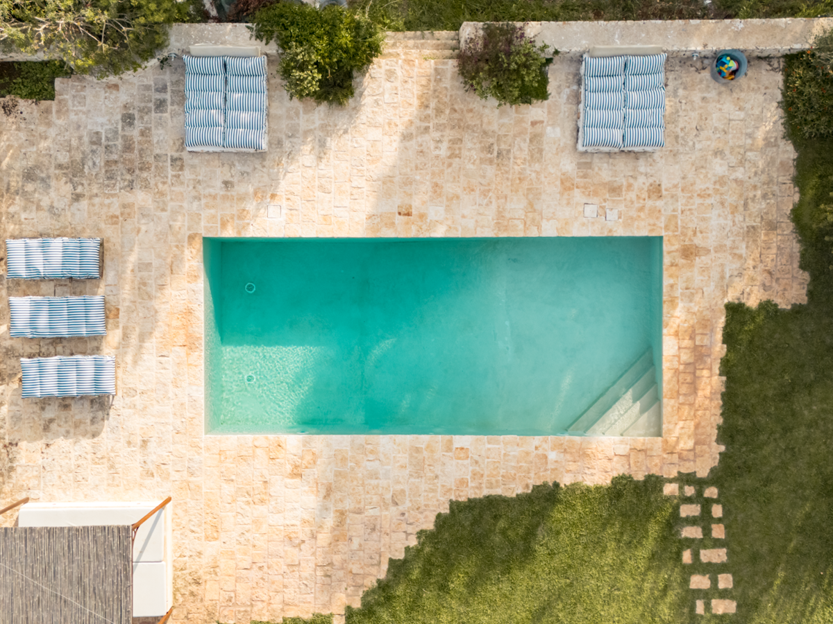 Aerial view of pool at Trullo Uliveto, Puglia