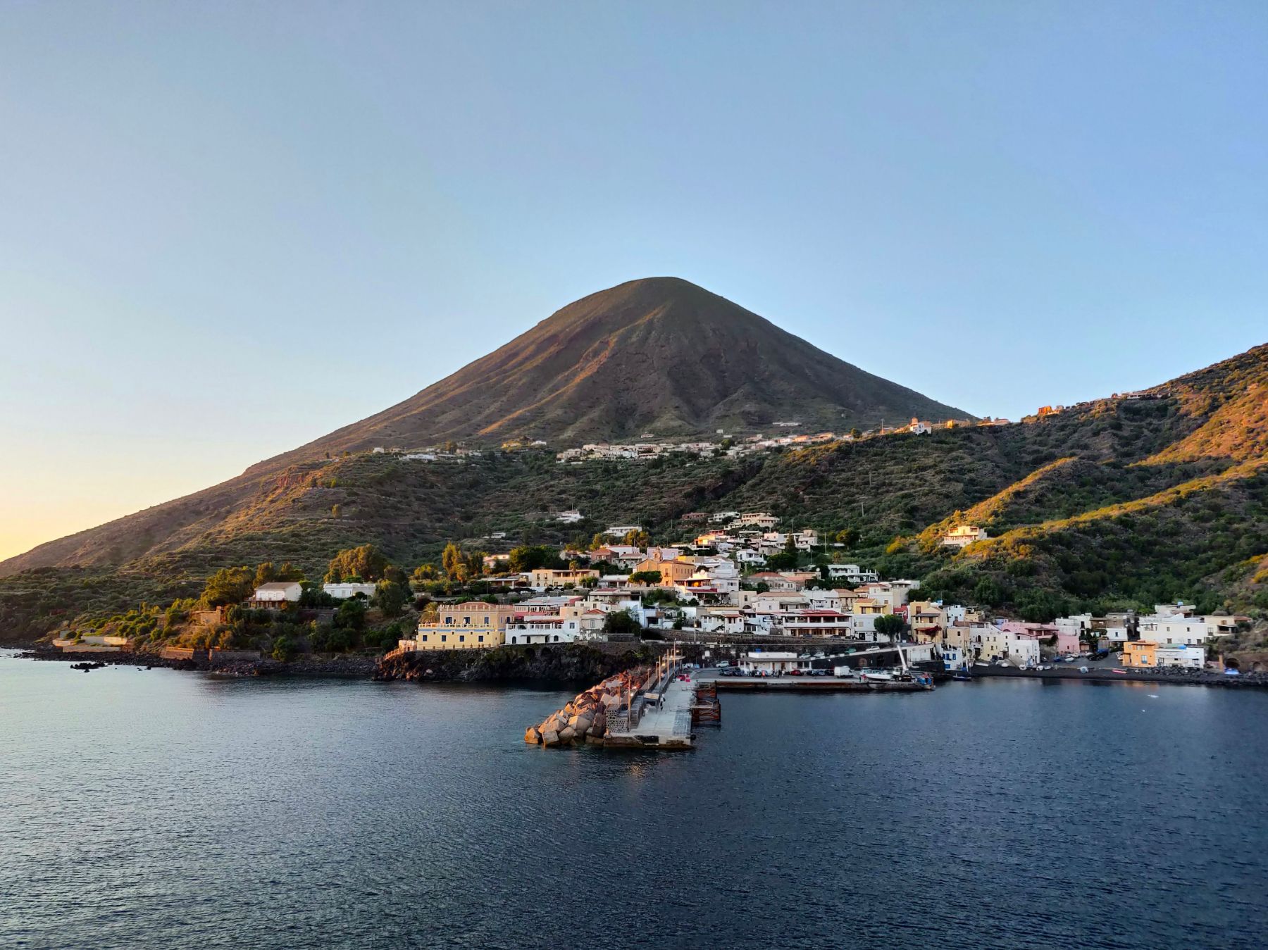 View of the volcano behind the Salina Harbour in Sicily